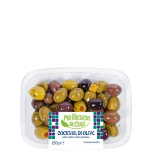 Pitted marinated olive cocktail in tray