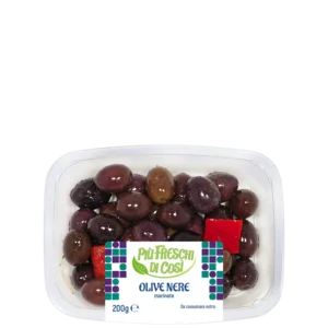 Whole marinated black olives in tray