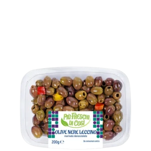 Pitted marinated Leccino black olives in tray